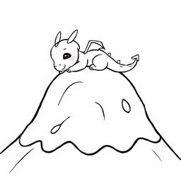 A whimsical and adorable illustration of a cute dragon peacefully sleeping at the summit of a mountain