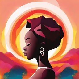 A high-quality vector illustration depicts a faceless silhouette of an African American woman set against a vibrant sunset