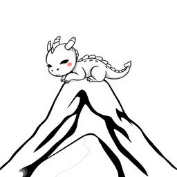 A whimsical and adorable illustration of a cute dragon peacefully sleeping at the summit of a mountain