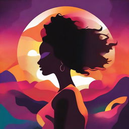 A high-quality vector illustration depicts a faceless silhouette of an African American woman set against a vibrant sunset