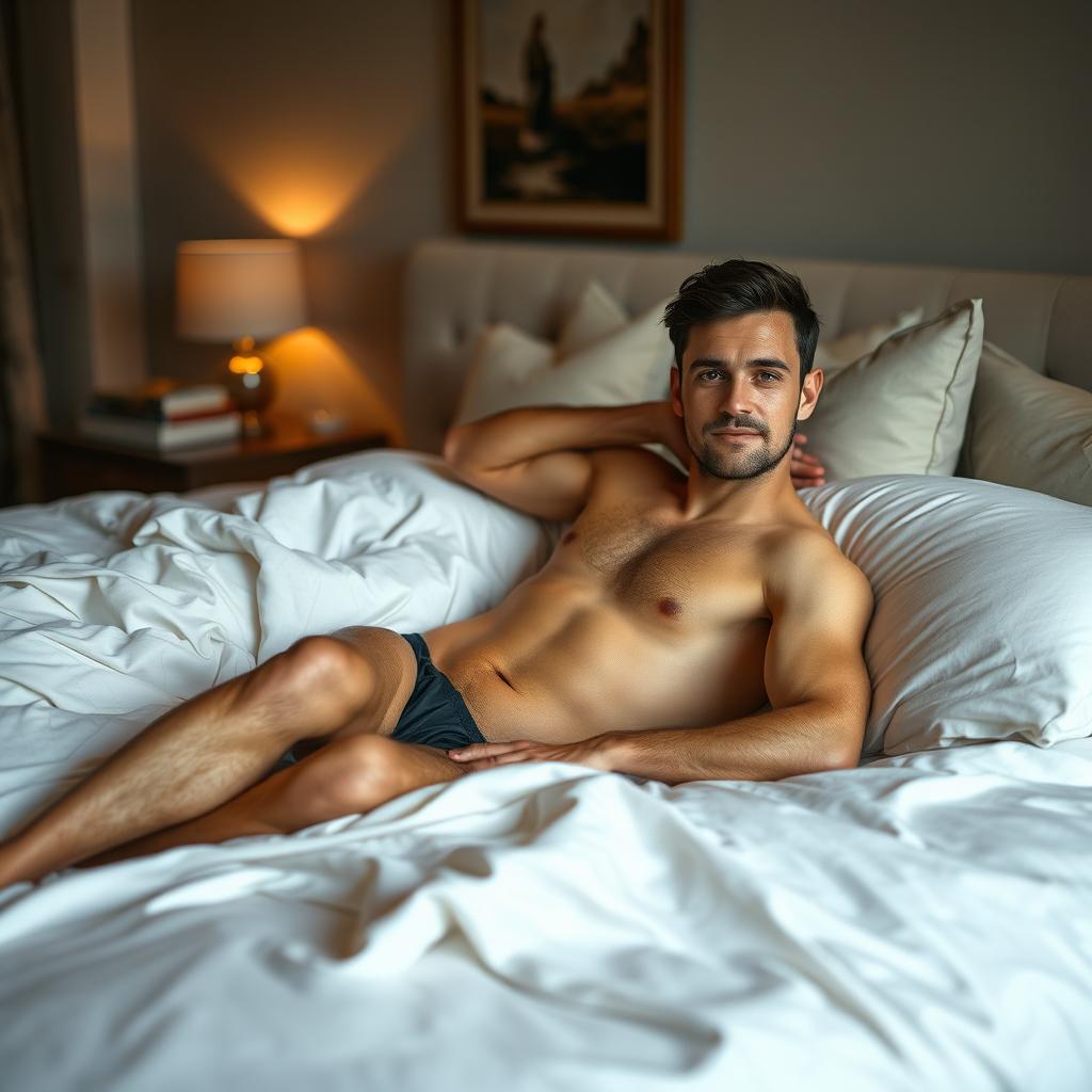 A naked man comfortably lying on a plush, beautifully made bed, surrounded by soft, flowing sheets and cushions