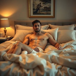 A naked man comfortably lying on a plush, beautifully made bed, surrounded by soft, flowing sheets and cushions