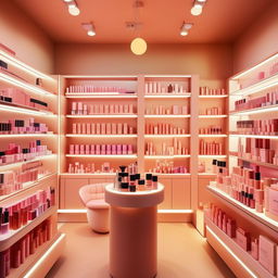 A small, 3 meter by 3 meter cosmetics shop, filled with various beauty products neatly displayed on shelves, under flattering warm lighting.