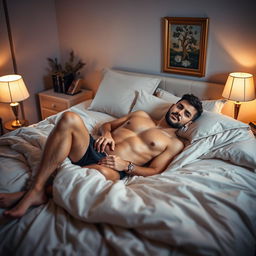 A naked man comfortably lying on a plush, beautifully made bed, surrounded by soft, flowing sheets and cushions