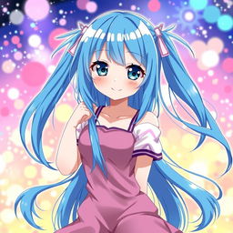 An enchanting anime girl with long, straight blue hair styled into playful pigtails on either side