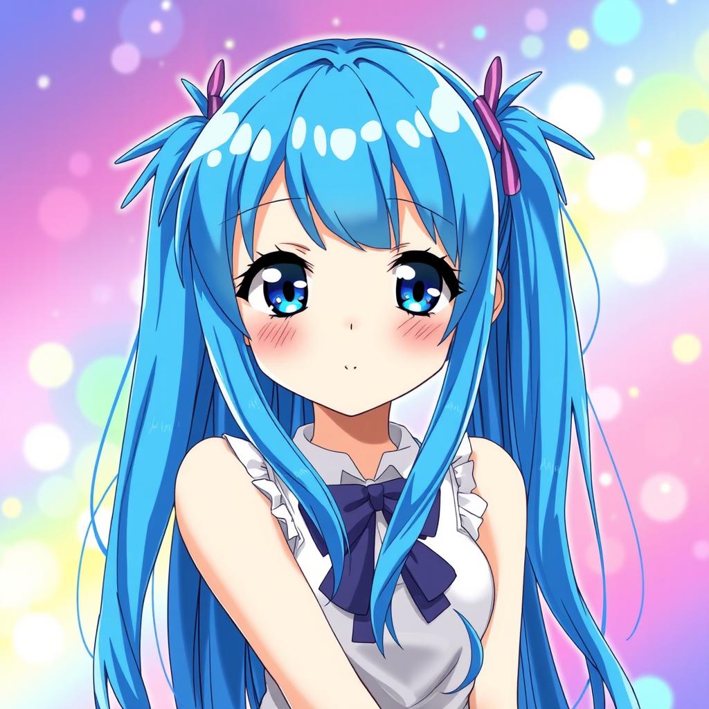 An enchanting anime girl with long, straight blue hair styled into playful pigtails on either side