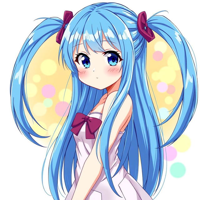 An enchanting anime girl with long, straight blue hair styled into playful pigtails on either side