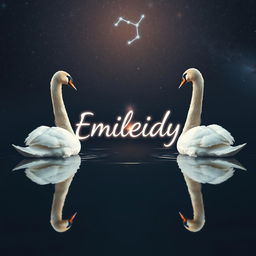 Two swans facing opposite directions, yet they are the same swan, with their reflections visible in a small serene lake
