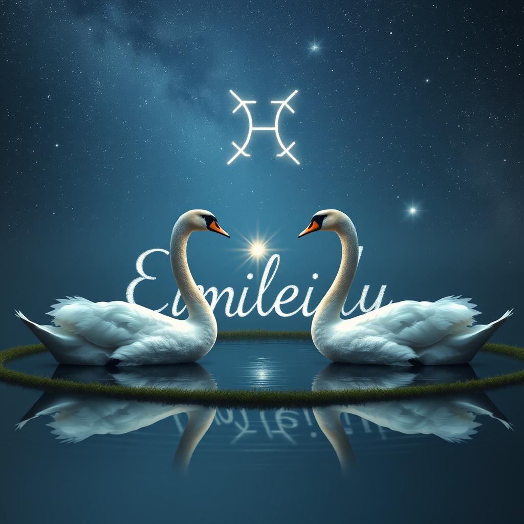 Two swans facing opposite directions, yet they are the same swan, with their reflections visible in a small serene lake