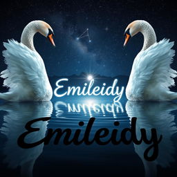 Two swans facing opposite directions, yet they are the same swan, with their reflections visible in a small serene lake