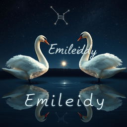 Two swans facing opposite directions, yet they are the same swan, with their reflections visible in a small serene lake