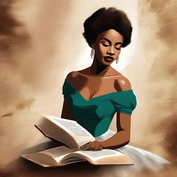 A striking digital art piece features an African American woman with short hair emerging from the pages of an open book