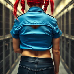 A close-up shot from behind focusing on a round booty, with the top of the butt crack slightly visible, wearing a blue short sleeve police shirt that reveals a midriff