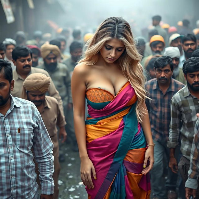 A sad female with voluptuous figure, featuring long blonde hair and wearing a vibrant, colorful, tight strapless saree that accentuates her curves