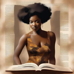 A striking digital art piece features an African American woman with short hair emerging from the pages of an open book