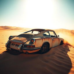 A wide-angle shot of a rusty, abandoned Porsche 911 GT, half-buried in the sand in the middle of a vast, sunlit desert