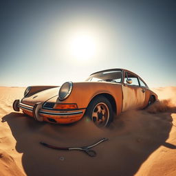 A wide-angle shot of a rusty, abandoned Porsche 911 GT, half-buried in the sand in the middle of a vast, sunlit desert