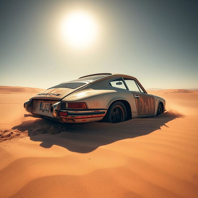 A wide-angle shot of a rusty, abandoned Porsche 911 GT, half-buried in the sand in the middle of a vast, sunlit desert