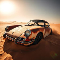 A wide-angle shot of a rusty, abandoned Porsche 911 GT, half-buried in the sand in the middle of a vast, sunlit desert