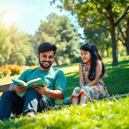 A scenic park setting with the sun shining and soft green grass