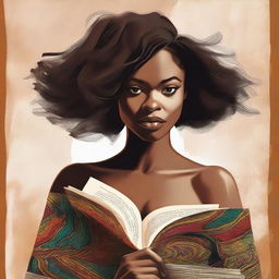 A striking digital art piece features an African American woman with short hair emerging from the pages of an open book