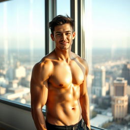 A confident young man with an athletic build standing in front of a large window, showcasing a natural, relaxed pose