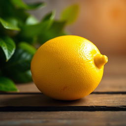A vibrant still life of a single lemon resting on a rustic wooden table with a soft, warm light illuminating the surface, showcasing the lemon's textured skin and natural shine