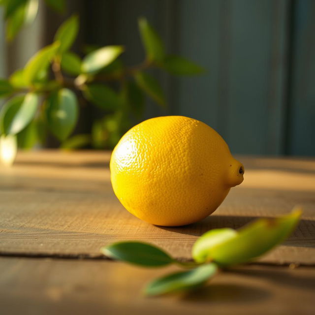 A vibrant still life of a single lemon resting on a rustic wooden table with a soft, warm light illuminating the surface, showcasing the lemon's textured skin and natural shine