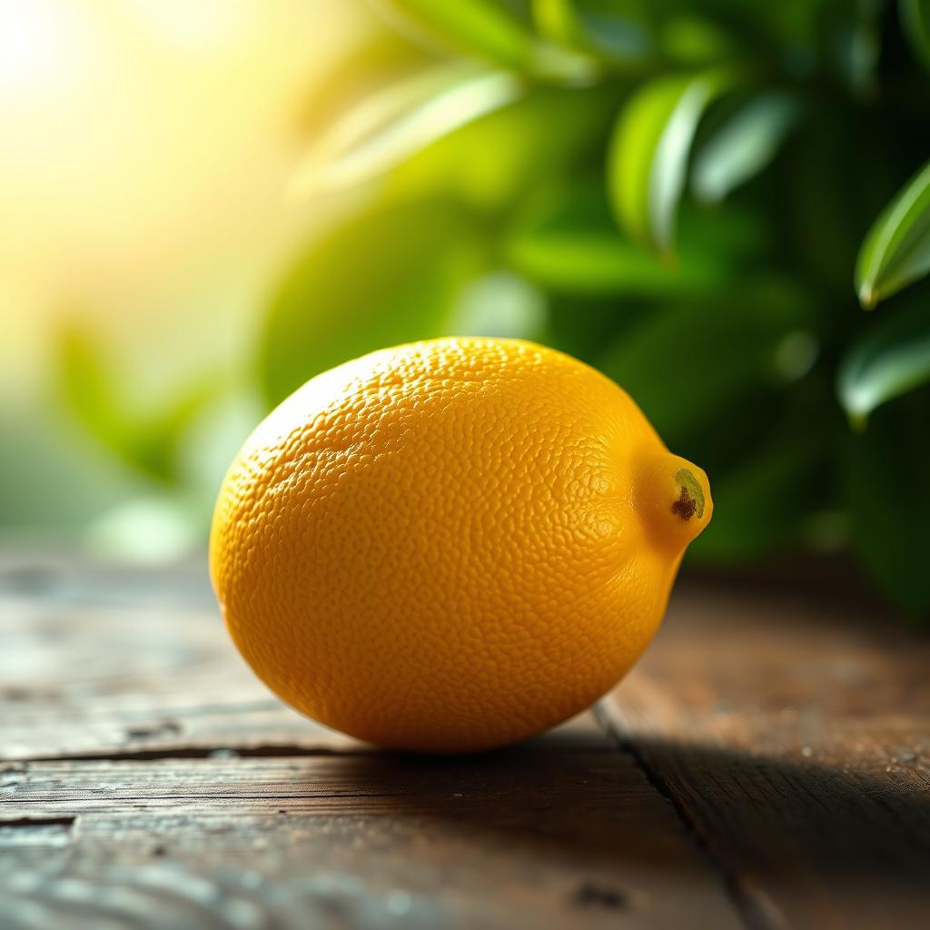 A vibrant still life of a single lemon resting on a rustic wooden table with a soft, warm light illuminating the surface, showcasing the lemon's textured skin and natural shine