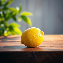 A vibrant still life of a single lemon resting on a rustic wooden table with a soft, warm light illuminating the surface, showcasing the lemon's textured skin and natural shine