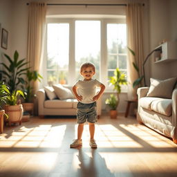 A young boy standing proudly in front of a large window, with sunlight streaming in, casting beautiful shadows on the floor