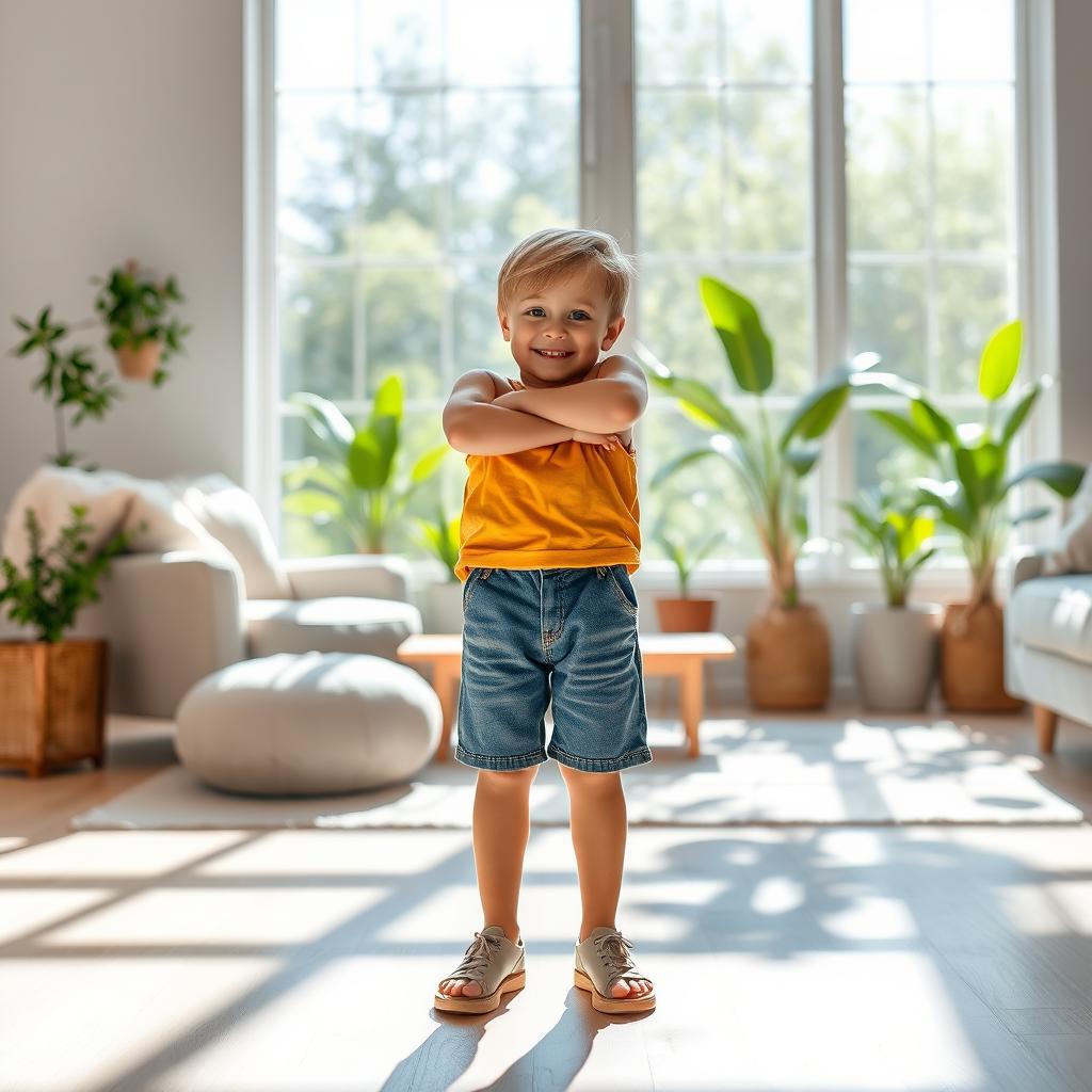 A young boy standing proudly in front of a large window, with sunlight streaming in, casting beautiful shadows on the floor