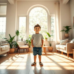 A young boy standing proudly in front of a large window, with sunlight streaming in, casting beautiful shadows on the floor