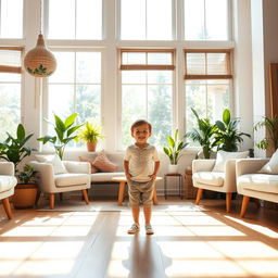 A young boy standing proudly in front of a large window, with sunlight streaming in, casting beautiful shadows on the floor