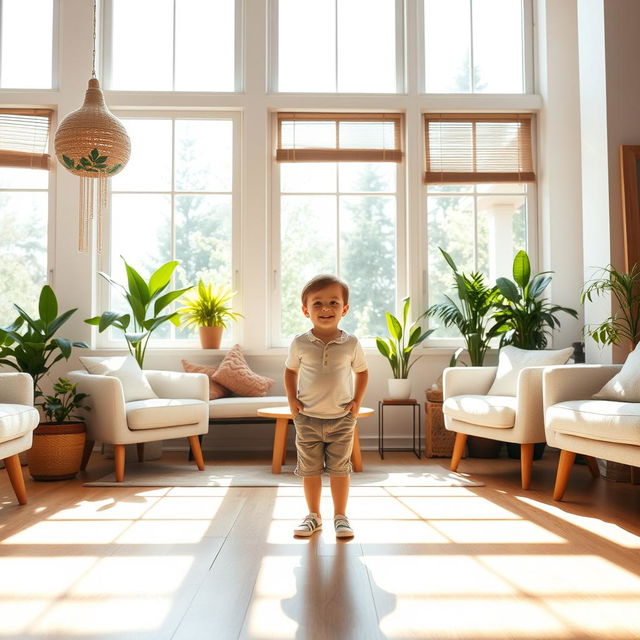 A young boy standing proudly in front of a large window, with sunlight streaming in, casting beautiful shadows on the floor