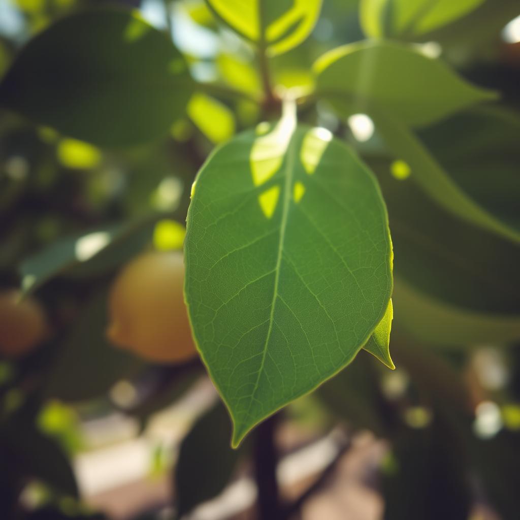 A vibrant close-up of a lush green lemon leaf, showcasing its detailed texture and rich color