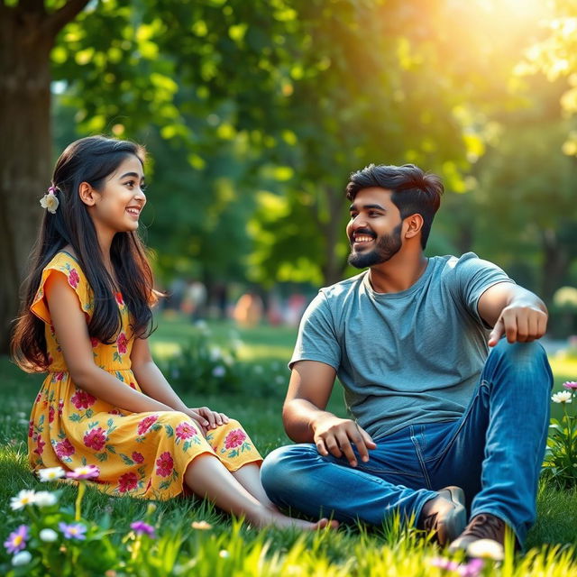 A serene park scene featuring Zahraa, a 14-year-old girl with long dark hair, wearing a colorful summer dress, sitting on the grass with a smile