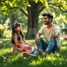 A serene park scene featuring Zahraa, a 14-year-old girl with long dark hair, wearing a colorful summer dress, sitting on the grass with a smile