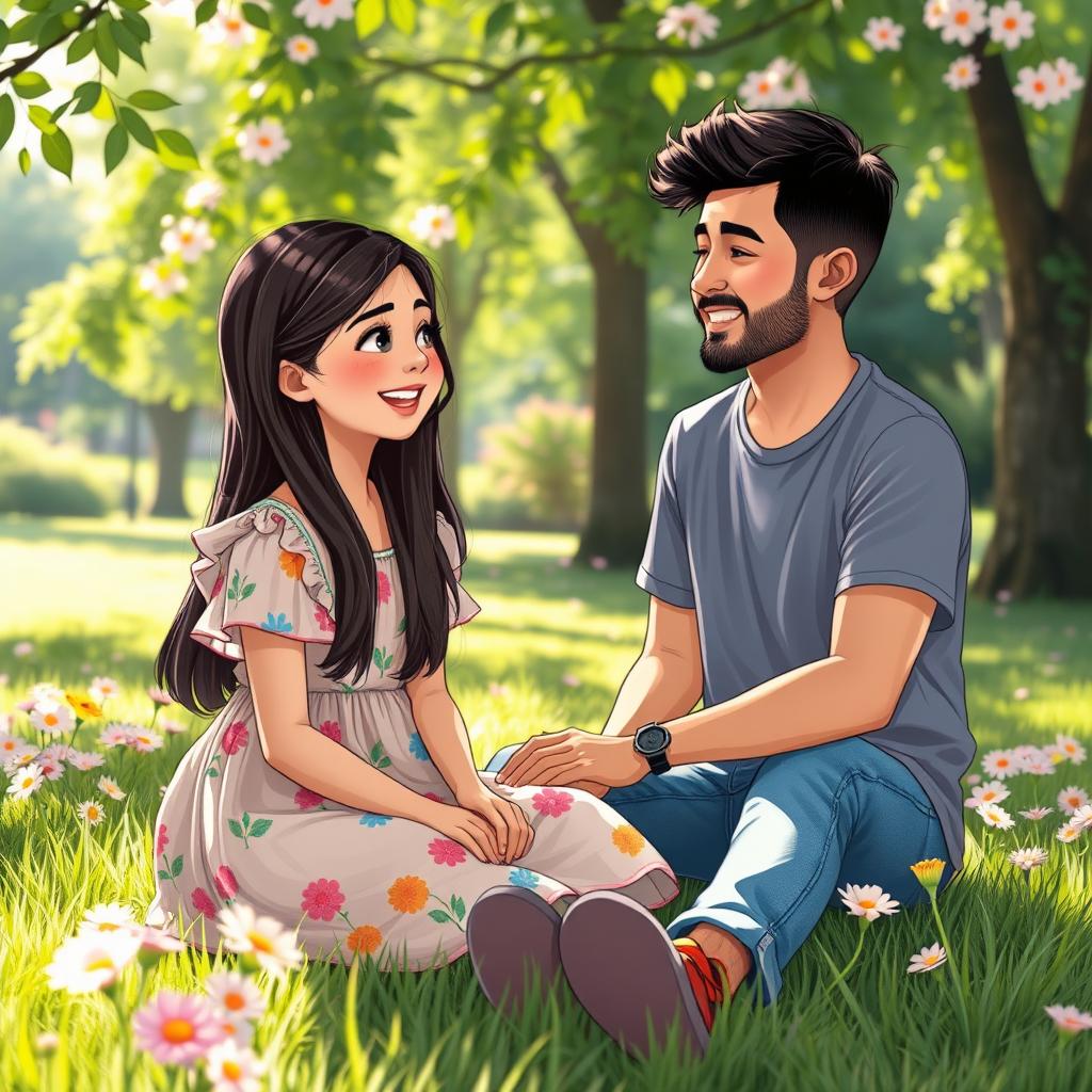 A serene park scene featuring Zahraa, a 14-year-old girl with long dark hair, wearing a colorful summer dress, sitting on the grass with a smile