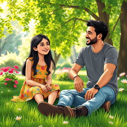 A serene park scene featuring Zahraa, a 14-year-old girl with long dark hair, wearing a colorful summer dress, sitting on the grass with a smile