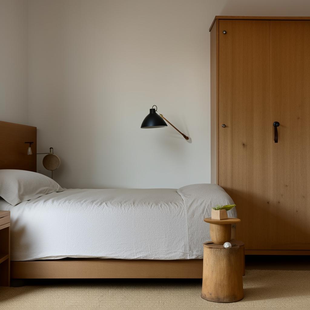 A small, cozy bedroom with minimalist design, containing a queen-sized bed with soft linens, a wooden chest of drawers and a bedside table with a reading lamp.