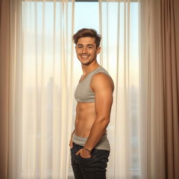 A confident young male figure standing in front of a large window, showcasing a relaxed pose