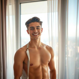 A confident young male figure standing in front of a large window, showcasing a relaxed pose