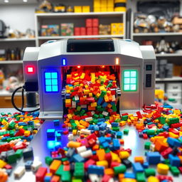 A high-tech Lego polishing machine in a modern workshop setting, featuring colorful Lego bricks being polished to a shiny finish, with bright lights reflecting off the polished surfaces