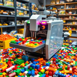 A high-tech Lego polishing machine in a modern workshop setting, featuring colorful Lego bricks being polished to a shiny finish, with bright lights reflecting off the polished surfaces