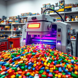A high-tech Lego polishing machine in a modern workshop setting, featuring colorful Lego bricks being polished to a shiny finish, with bright lights reflecting off the polished surfaces