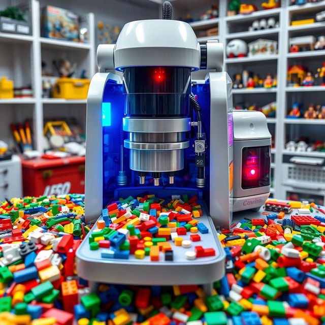 A high-tech Lego polishing machine in a modern workshop setting, featuring colorful Lego bricks being polished to a shiny finish, with bright lights reflecting off the polished surfaces