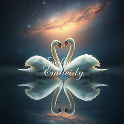 A mesmerizing scene featuring two swans that appear to be two separate entities, yet they are intricately connected, almost as if one is reflecting the other's essence