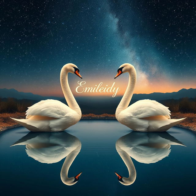 A mesmerizing scene featuring two swans that appear to be two separate entities, yet they are intricately connected, almost as if one is reflecting the other's essence