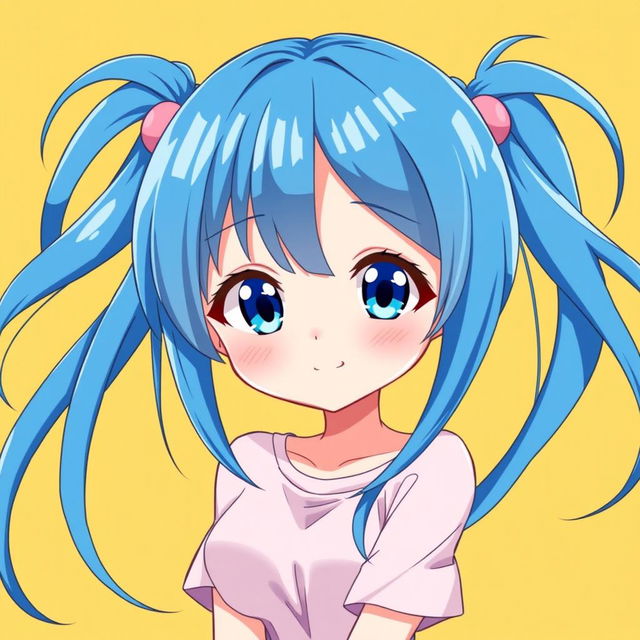 An adorable anime girl with long, flowing blue hair styled into pigtails on either side of her head